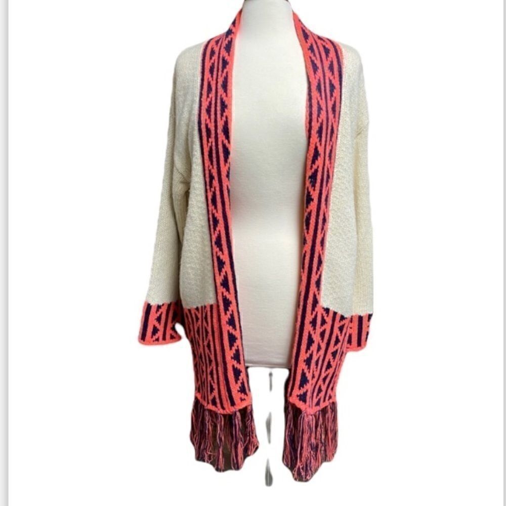 Kate Collection Cream & Neon Coral & Navy Fringe Cardigan Sweater Size Large